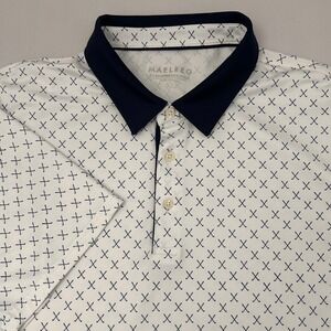MAELREG Mens XL‎ Performance Polo Shirt White Navy Golf Club Print Short Sleeve